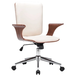 Въртящ се офис стол, кремав, изкуствена кожа и извито дърво