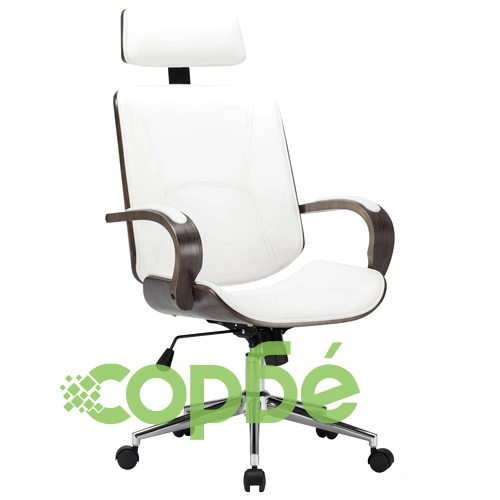 Въртящ се офис стол, бял, изкуствена кожа и извито дърво ➤ топ цена ➤ sorbe.bg