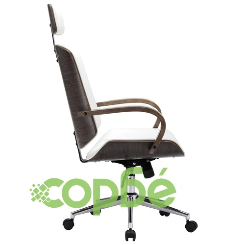 Въртящ се офис стол, бял, изкуствена кожа и извито дърво ➤ топ цена ➤ sorbe.bg