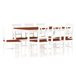 Трапезен комплект, 9 части, борова дървесина, бяло и кафяво