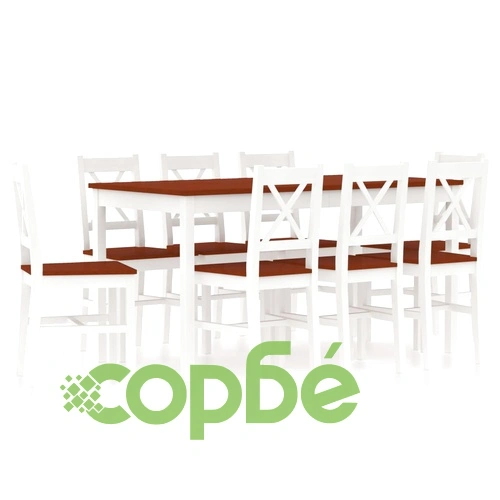 Трапезен комплект, 9 части, борова дървесина, бяло и кафяво ➤ топ цена ➤ sorbe.bg