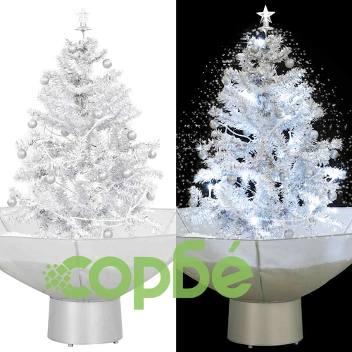 Коледна елха с валящ сняг и основа от чадър, бяла, 75 см ➤ топ цена ➤ sorbe.bg