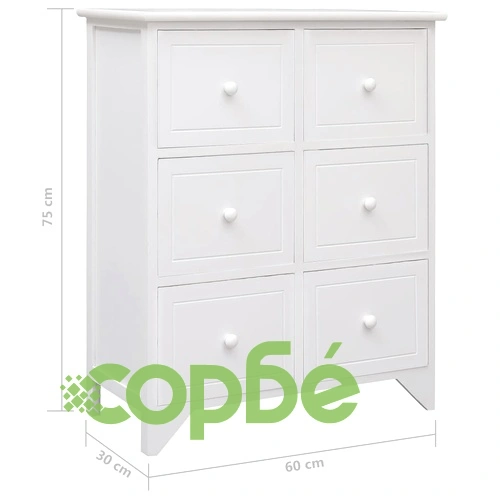 Страничен шкаф с 6 чекмеджета, бял, 60x30x75 см, пауловния ➤ топ цена ➤ sorbe.bg