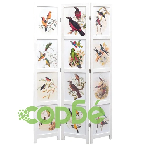 Параван за стая, 3 панела, бял, 105x165 cм, принт птици ➤ топ цена ➤ sorbe.bg