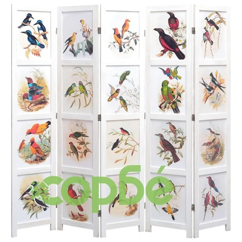 Параван за стая, 5 панела, бял, 175x165 cм, принт птици ➤ топ цена ➤ sorbe.bg