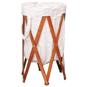 Сгъваем кош за пране, кремав, дърво и текстил