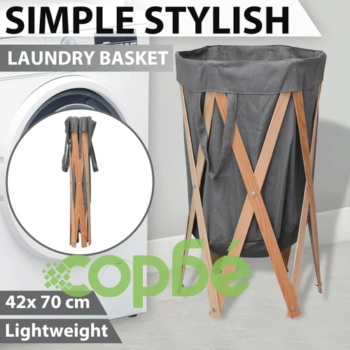 Сгъваем кош за пране, сив, дърво и текстил ➤ топ цена ➤ sorbe.bg