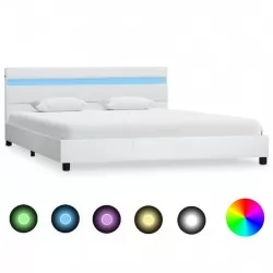 Рамка за легло с LED, бяла, изкуствена кожа, 160x200 cм