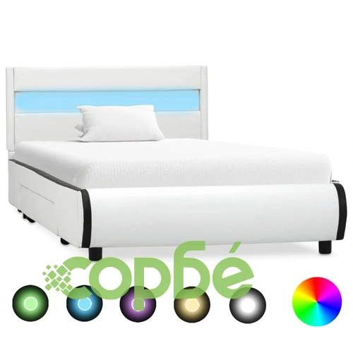 Рамка за легло с LED, бяла, изкуствена кожа, 100x200 cм  ➤ топ цена ➤ sorbe.bg