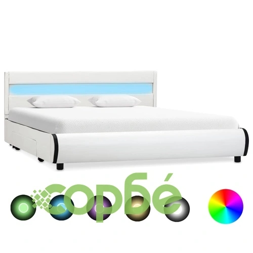 Рамка за легло с LED, бяла, изкуствена кожа, 160x200 cм  ➤ топ цена ➤ sorbe.bg