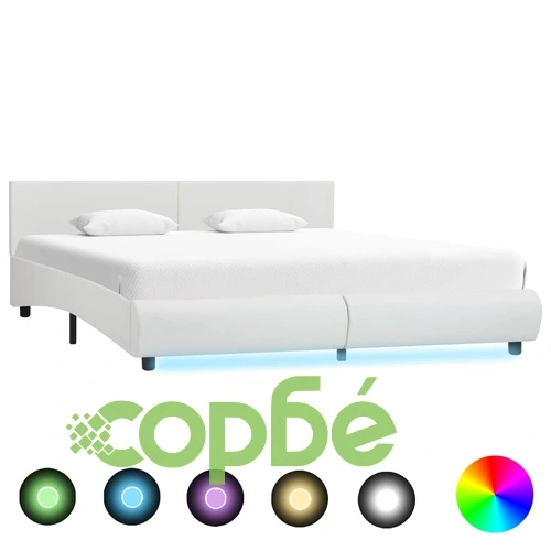 Рамка за легло с LED, бяла, изкуствена кожа, 160x200 cм  ➤ топ цена ➤ sorbe.bg