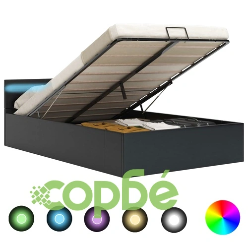 Легло повдигащ механизъм с LED черно изкуствена кожа 160x200 cм  ➤ топ цена ➤ sorbe.bg