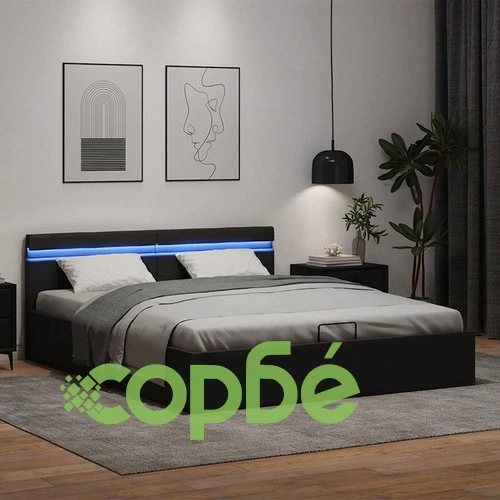 Легло с повдигащ механизъм и LED черно еко кожа 180x200 cм  ➤ топ цена ➤ sorbe.bg
