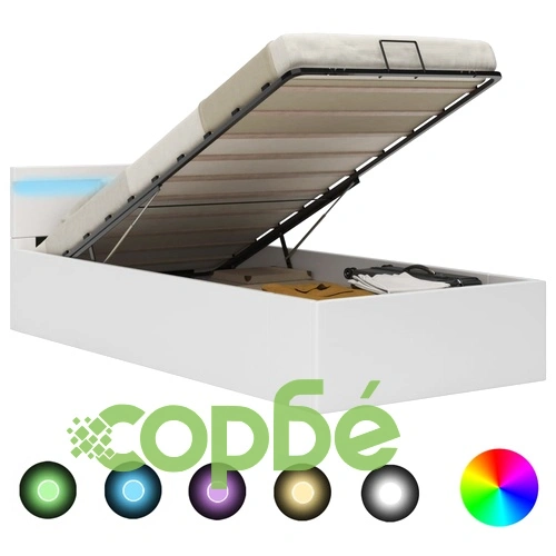 Легло с повдигащ механизъм с LED бяло изкуствена кожа 90x200 cм  ➤ топ цена ➤ sorbe.bg