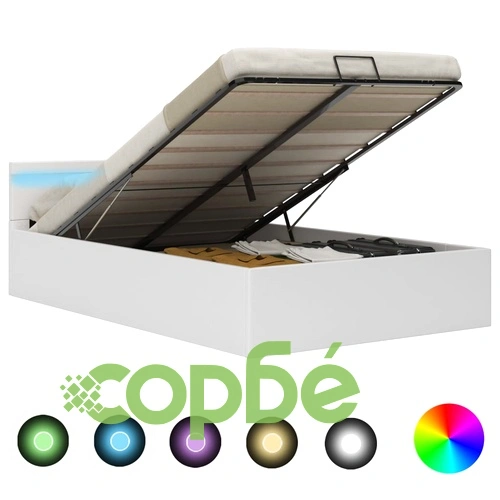 Легло повдигащ механизъм с LED бяло изкуствена кожа 140x200 cм  ➤ топ цена ➤ sorbe.bg