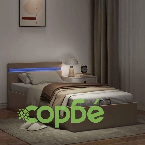 Хидравлично легло с LED капучино изкуствена кожа 90x200 cм  ➤ топ цена ➤ sorbe.bg