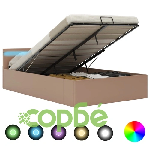 Хидравлично легло с LED капучино изкуствена кожа 140x200 cм  ➤ топ цена ➤ sorbe.bg