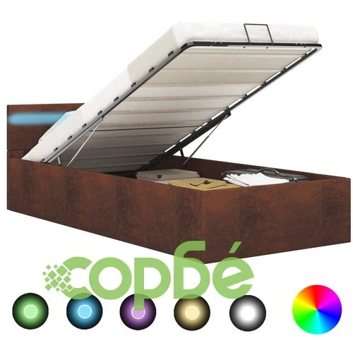 Легло с повдигащ механизъм с LED, кафяво, текстил, 90x200 см  ➤ топ цена ➤ sorbe.bg