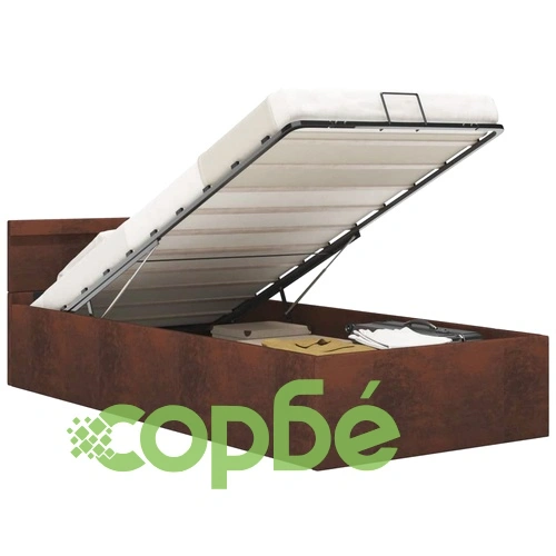 Легло с повдигащ механизъм с LED, кафяво, текстил, 100x200 см  ➤ топ цена ➤ sorbe.bg