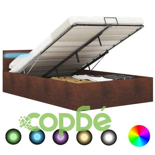 Легло с повдигащ механизъм с LED, кафяво, текстил, 140x200 см  ➤ топ цена ➤ sorbe.bg