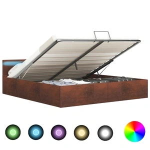Легло с повдигащ механизъм с LED, кафяво, текстил, 160x200 см 