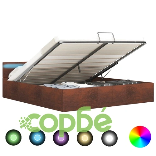 Легло с повдигащ механизъм с LED, кафяво, текстил, 160x200 см  ➤ топ цена ➤ sorbe.bg