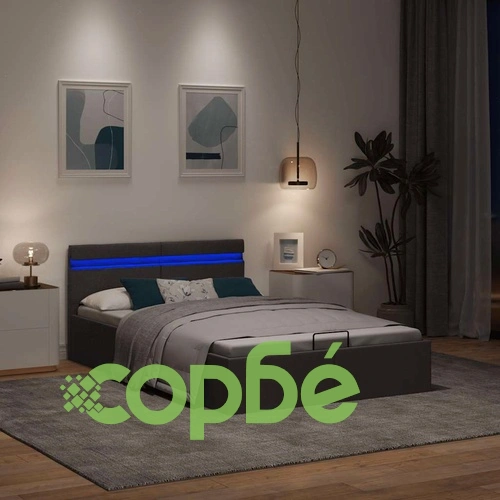 Легло с повдигащ механизъм и LED тъмносиво текстил 140x200 см ➤ топ цена ➤ sorbe.bg