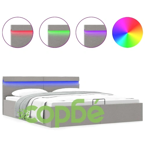 Легло с повдигащ механизъм и LED светлосиво текстил 160x200 см ➤ топ цена ➤ sorbe.bg