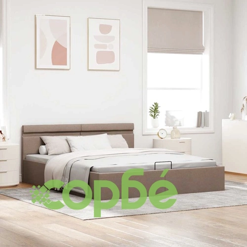 Легло с повдигащ механизъм с LED, таупе, текстил, 160x200 см ➤ топ цена ➤ sorbe.bg