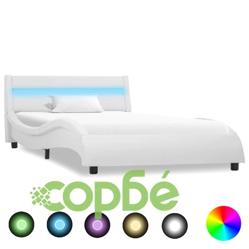 Рамка за легло с LED, бяла, изкуствена кожа, 90x200 cм    ➤ топ цена ➤ sorbe.bg