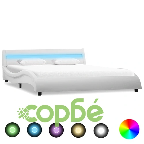 Рамка за легло с LED, бяла, изкуствена кожа, 140x200 cм    ➤ топ цена ➤ sorbe.bg