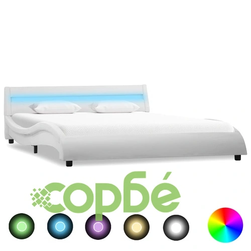 Рамка за легло с LED, бяла, изкуствена кожа, 160x200 cм    ➤ топ цена ➤ sorbe.bg