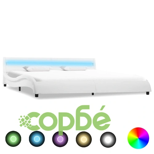 Рамка за легло с LED, бяла, изкуствена кожа, 180x200 cм    ➤ топ цена ➤ sorbe.bg
