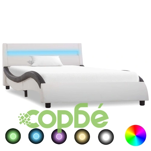 Рамка за легло с LED, бяло и черно, изкуствена кожа, 100x200 cм    ➤ топ цена ➤ sorbe.bg