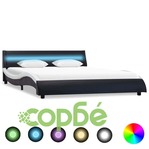 Рамка за легло с LED, черно и бяло, изкуствена кожа, 160x200 cм    ➤ топ цена ➤ sorbe.bg