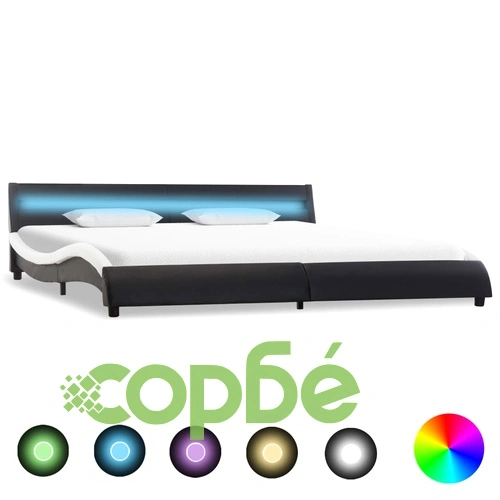 Рамка за легло с LED, черно и бяло, изкуствена кожа, 180x200 cм    ➤ топ цена ➤ sorbe.bg