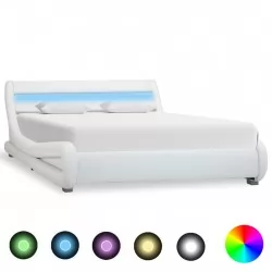 Рамка за легло с LED, бяла, изкуствена кожа, 140x200 cм 