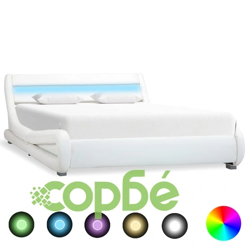 Рамка за легло с LED, бяла, изкуствена кожа, 140x200 cм  ➤ топ цена ➤ sorbe.bg