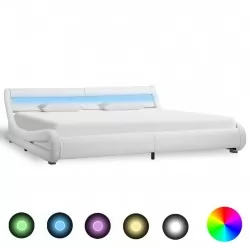 Рамка за легло с LED, бяла, изкуствена кожа, 180x200 cм 