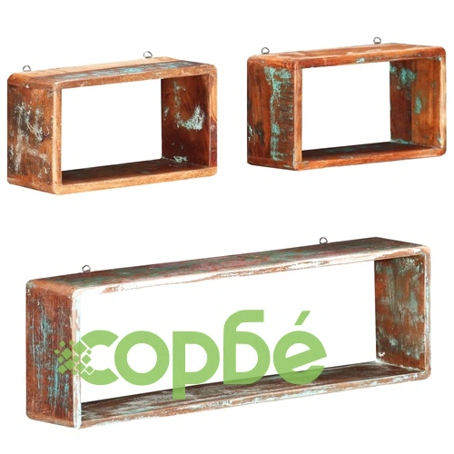 Кубични рафтове за стена, 3 части, регенерирано дърво масив ➤ топ цена ➤ sorbe.bg