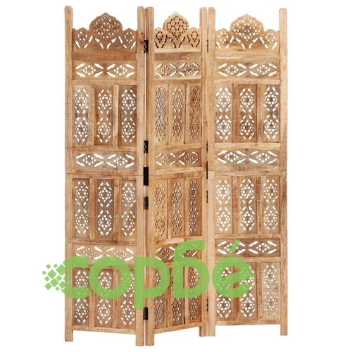 Ръчно резбован параван, 3 панела, 120x165 cм, манго масив ➤ топ цена ➤ sorbe.bg