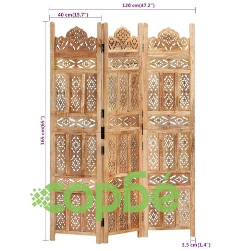 Ръчно резбован параван, 3 панела, 120x165 cм, манго масив ➤ топ цена ➤ sorbe.bg