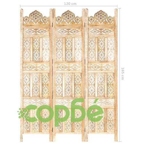 Ръчно резбован параван, 3 панела, 120x165 cм, манго масив ➤ топ цена ➤ sorbe.bg