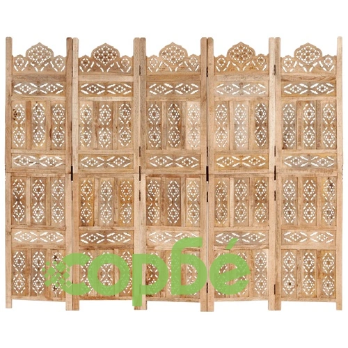 Ръчно резбован параван, 5 панела, 200x165 cм, манго масив ➤ топ цена ➤ sorbe.bg