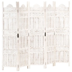 Ръчно резбован параван, 5 панела, бял, 200x165 cм, манго масив