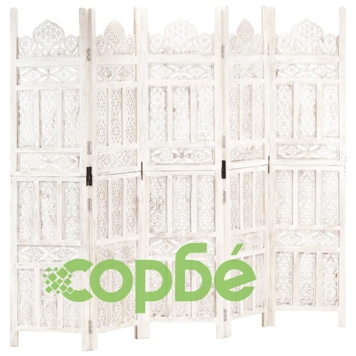 Ръчно резбован параван, 5 панела, бял, 200x165 cм, манго масив ➤ топ цена ➤ sorbe.bg