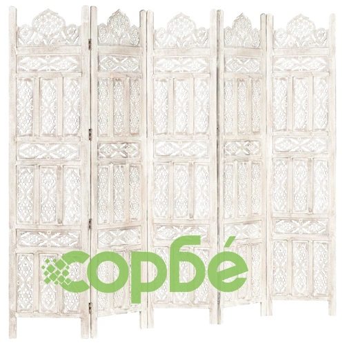 Ръчно резбован параван, 5 панела, бял, 200x165 cм, манго масив ➤ топ цена ➤ sorbe.bg