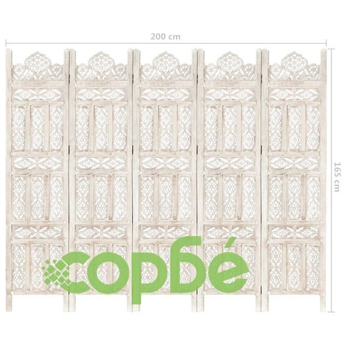 Ръчно резбован параван, 5 панела, бял, 200x165 cм, манго масив ➤ топ цена ➤ sorbe.bg