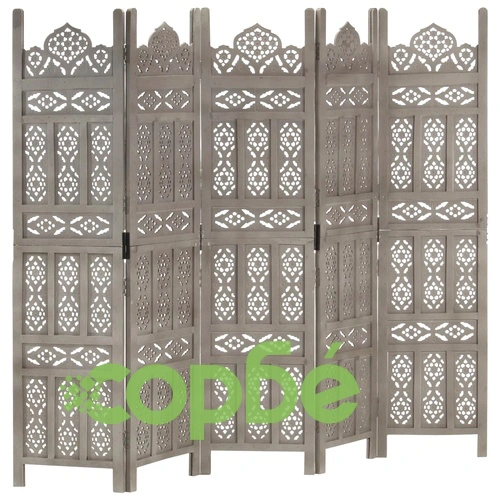 Ръчно резбован параван, 5 панела, сив, 200x165 cм, манго масив ➤ топ цена ➤ sorbe.bg