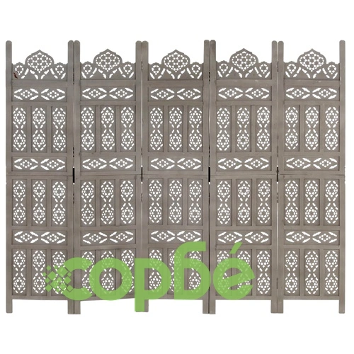 Ръчно резбован параван, 5 панела, сив, 200x165 cм, манго масив ➤ топ цена ➤ sorbe.bg